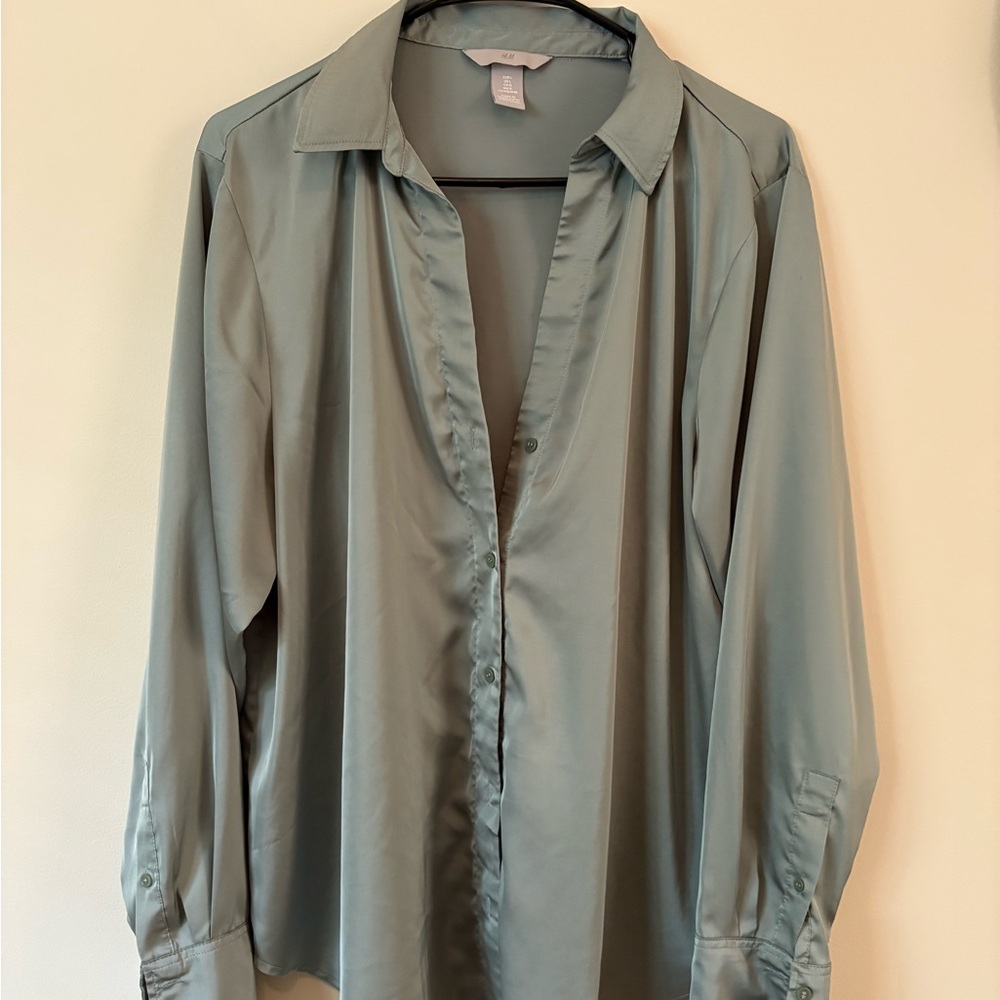 Green Faux Silk Button-Up